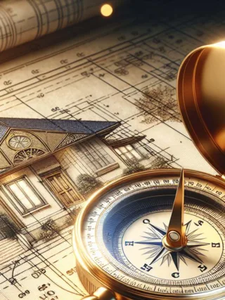 A golden compass pointing towards a detailed blueprint of a house for renovation.