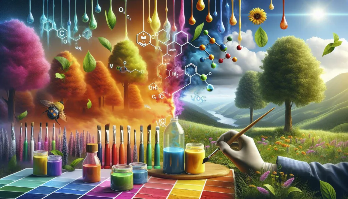 A visually stunning representation of the benefits of using eco-friendly paints, showcasing the transformation from harmful chemicals to low VOC (Volatile Organic Compounds) options. A vibrant digital art illustration capturing the essence of nature, with a spectrum of colors radiating from a paintbrush, symbolizing the eco-friendly transition.