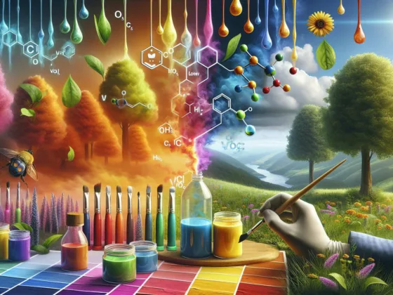 A visually stunning representation of the benefits of using eco-friendly paints, showcasing the transformation from harmful chemicals to low VOC (Volatile Organic Compounds) options. A vibrant digital art illustration capturing the essence of nature, with a spectrum of colors radiating from a paintbrush, symbolizing the eco-friendly transition.
