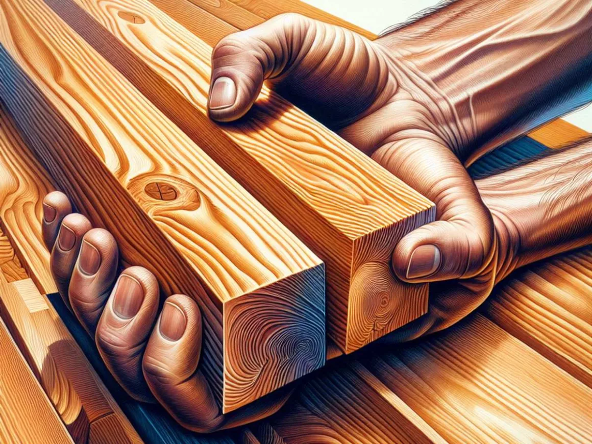 Pair of hands holding wooden boards for construction