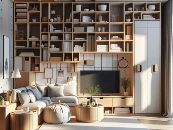A cozy living room with multifunctional furniture and hidden storage solutions.
