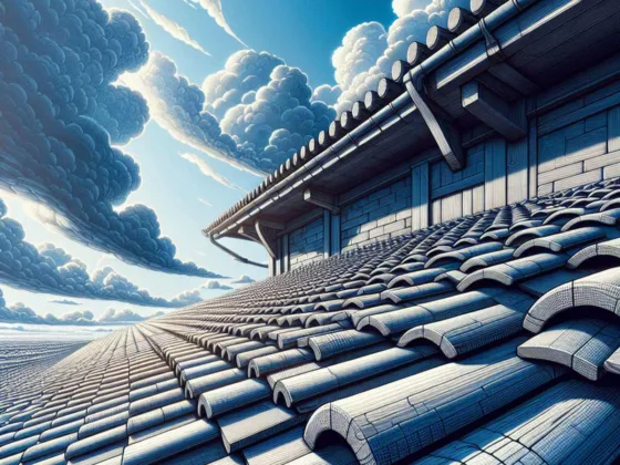 Close-up of interlocking roof tiles under a bright blue sky.