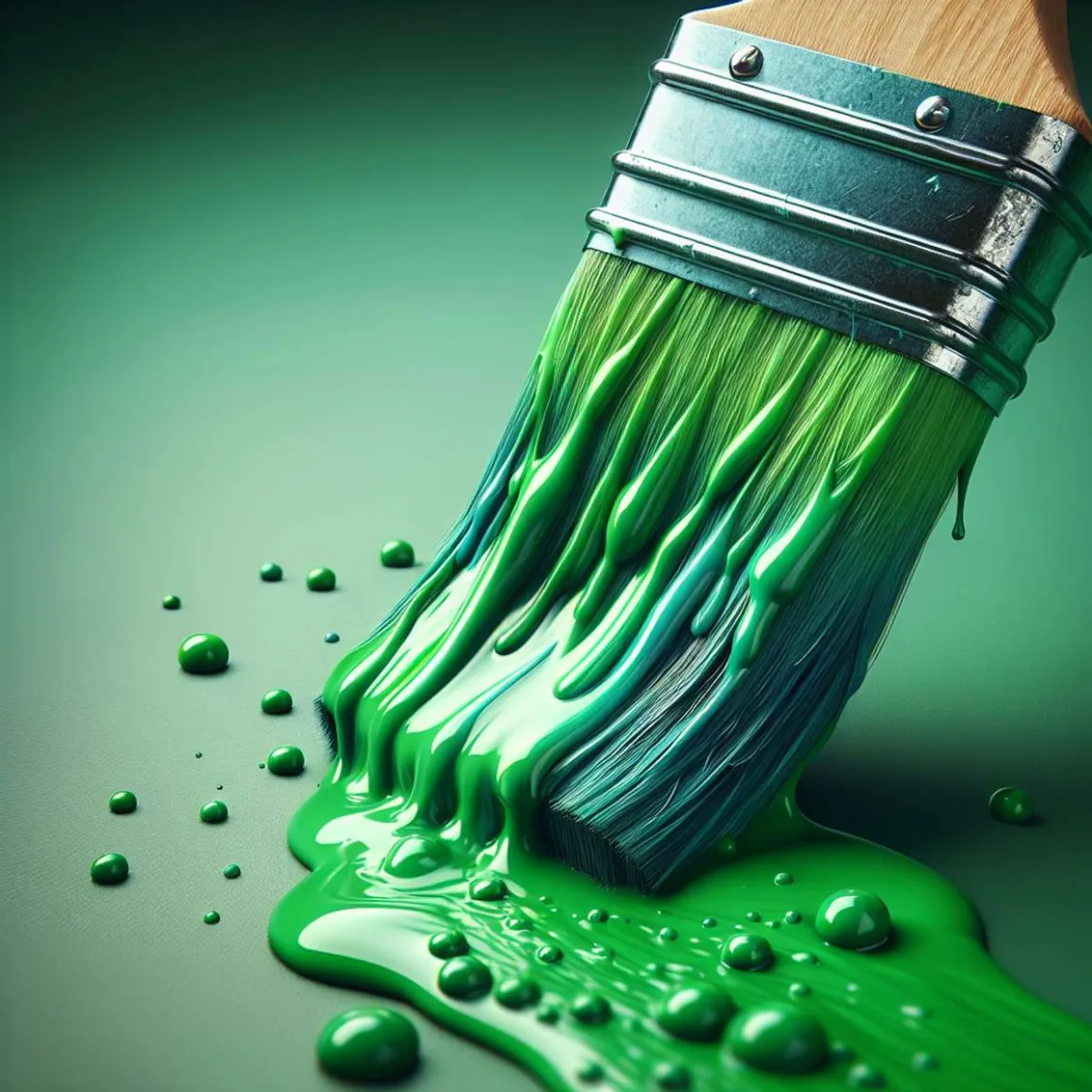 A paintbrush with green paint dripping from its bristles.