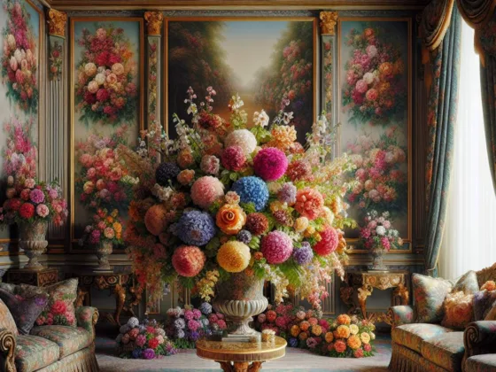 A vibrant bouquet of blooming flowers in a luxurious room.