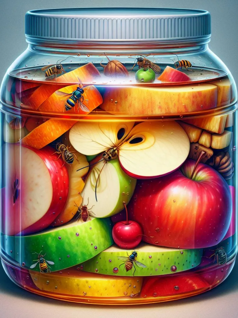 Homemade fruit jar trap filled with fruit scraps and apple cider vinegar.