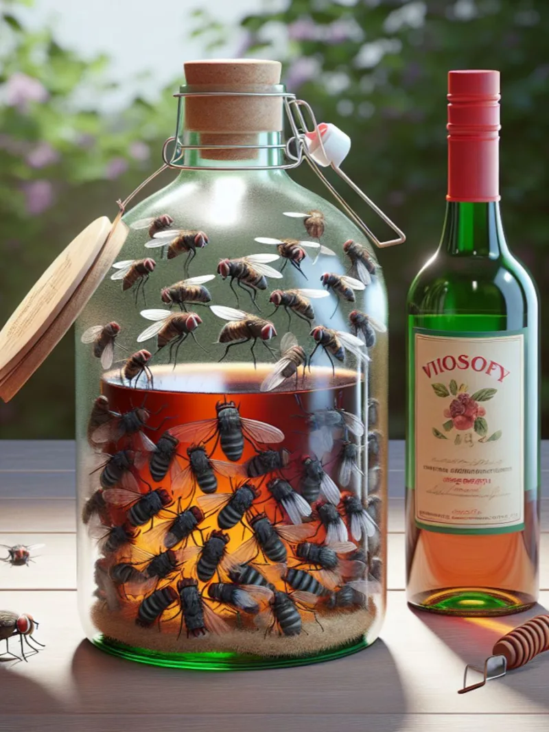 A wine bottle and a syrup bottle used as a fly trap, with several trapped flies inside.