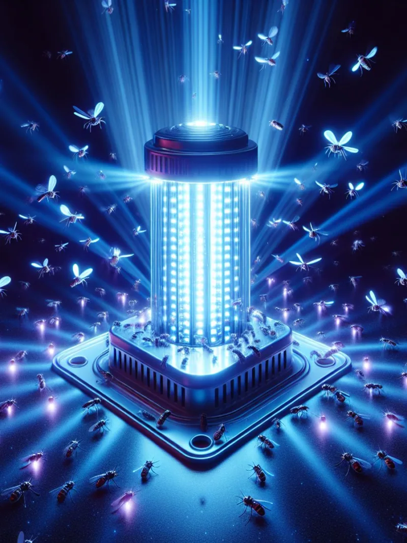 Close-up image of a UV LED trap emitting ultraviolet light and attracting flies.