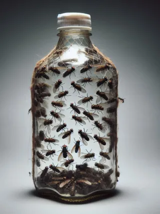 A bottle fly trap with several trapped flies inside.