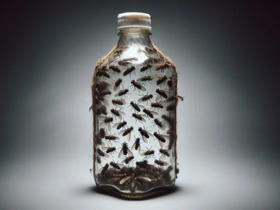 A bottle fly trap with several trapped flies inside.