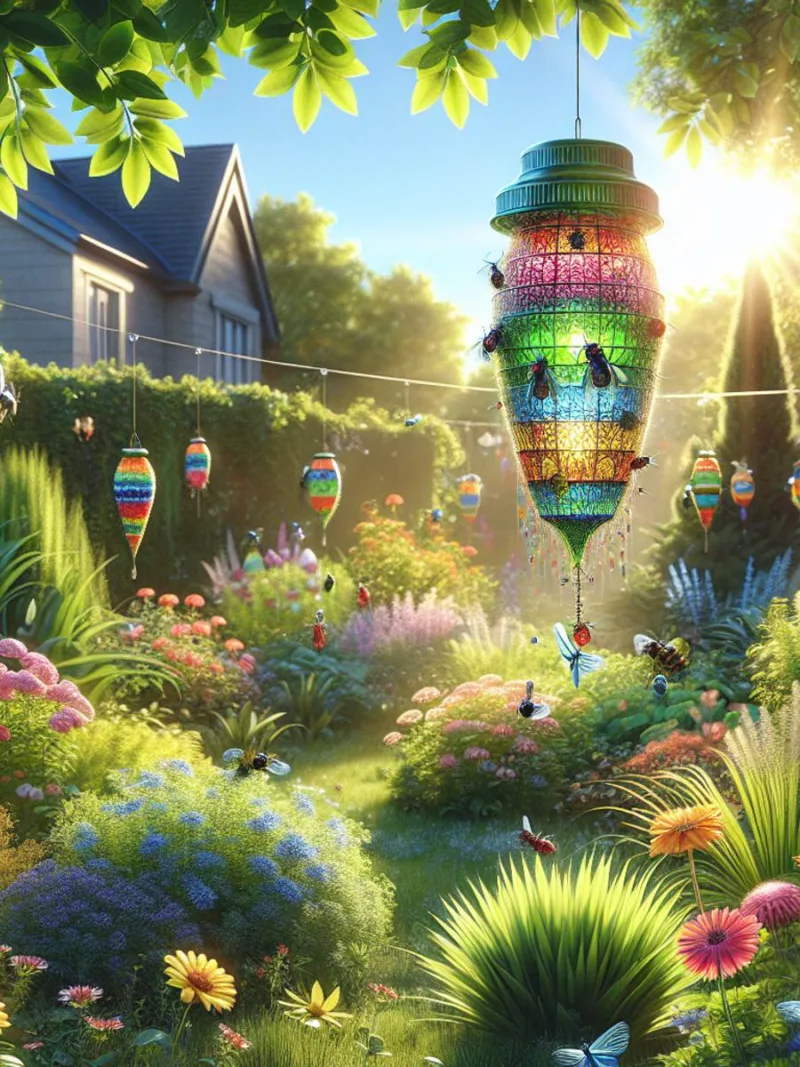 A vibrant multi-colored bottle fly trap suspended amidst a sun-kissed garden.