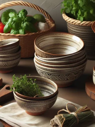 A kitchen countertop adorned with ceramic bowls, a wooden cutting board, herbs, and vegetables.