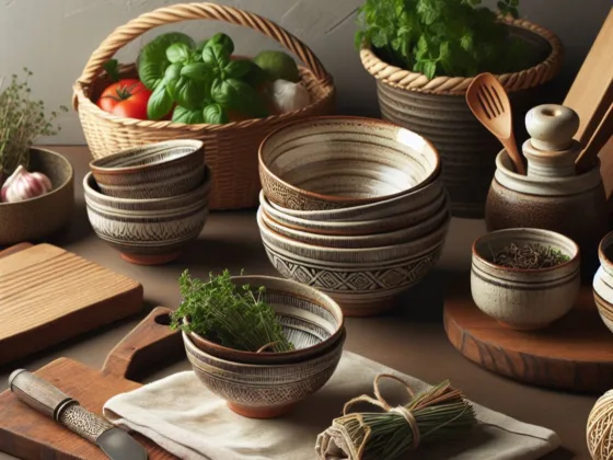A kitchen countertop adorned with ceramic bowls, a wooden cutting board, herbs, and vegetables.