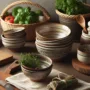 A kitchen countertop adorned with ceramic bowls, a wooden cutting board, herbs, and vegetables.