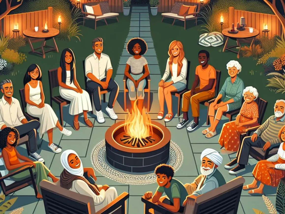 A diverse group of friends and family gathering around a cozy fire pit in a garden during a warm evening.