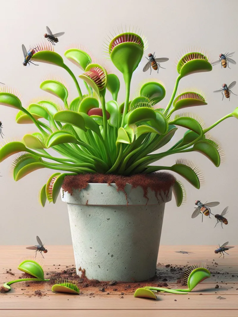 A Venus flytrap potted plant capturing flies with its vibrant green leaves and unique trap shape.