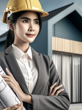 A female builder with a yellow hard hat and blueprints in front of an ADU.