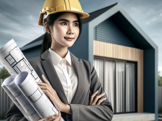 A female builder with a yellow hard hat and blueprints in front of an ADU.