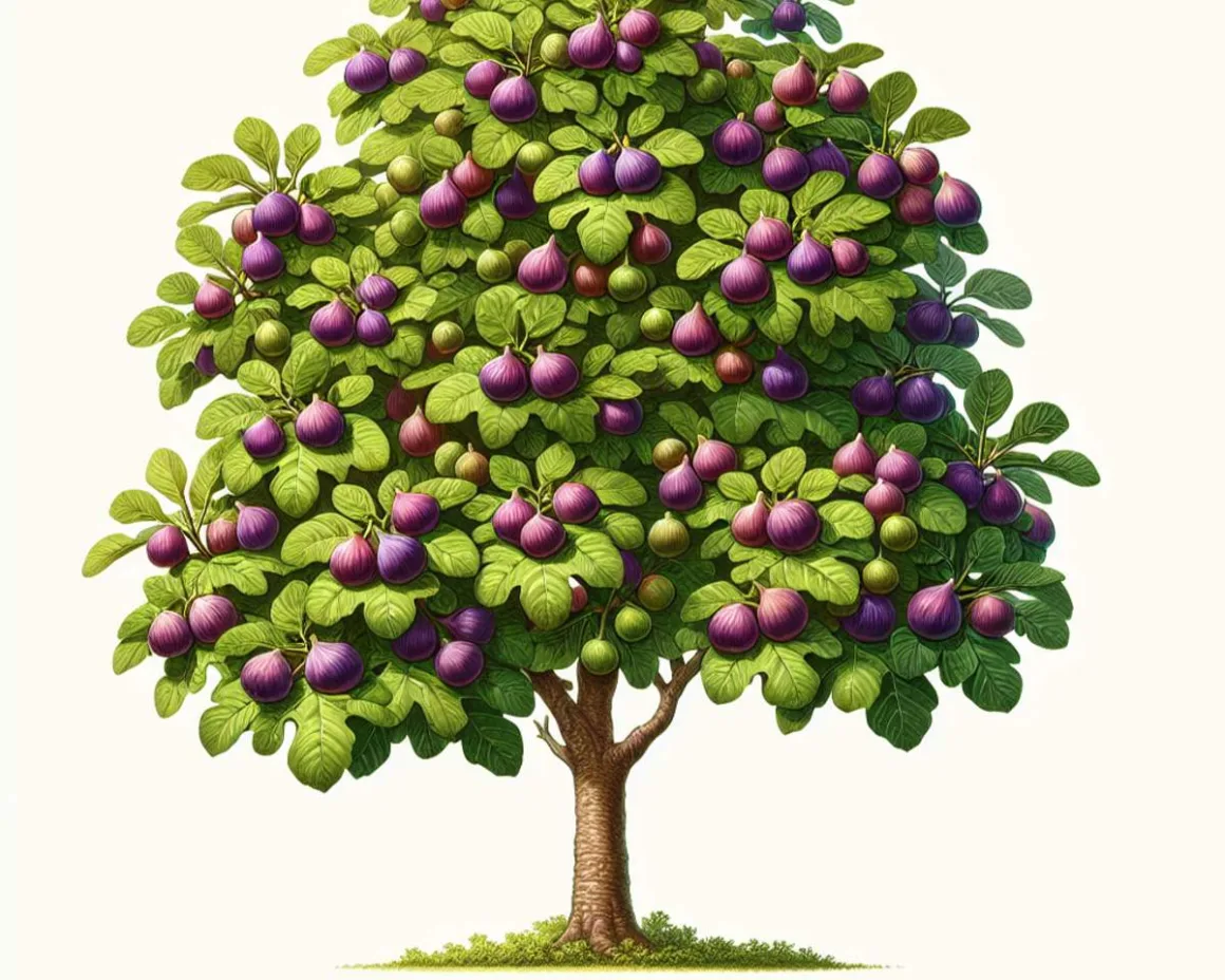 A lush, vibrant fig tree with deep green leaves and ripe, juicy purple fruits.