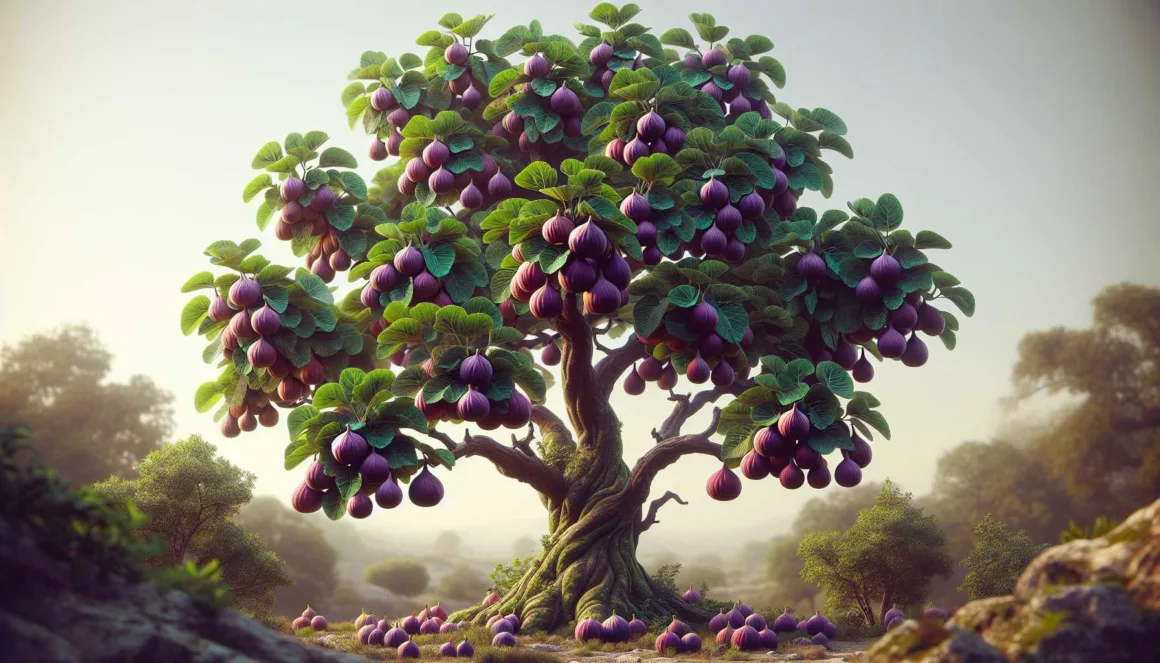 A vibrant fig tree with lush green leaves and ripe purple fig fruits.