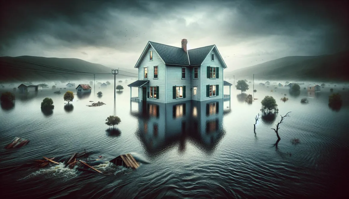 A house surrounded by floodwaters with dark clouds and debris floating on the water.