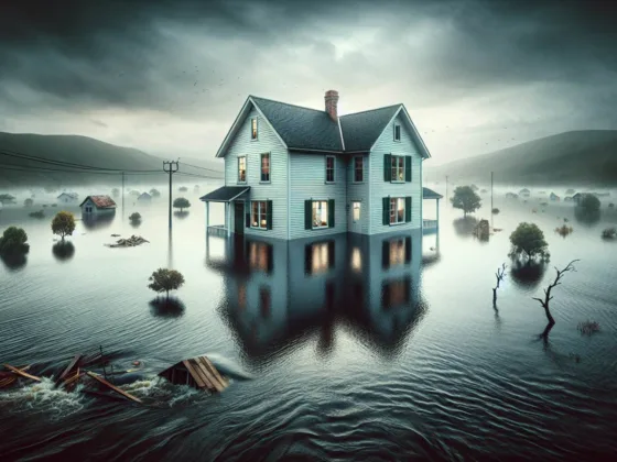 A house surrounded by floodwaters with dark clouds and debris floating on the water.