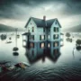 A house surrounded by floodwaters with dark clouds and debris floating on the water.