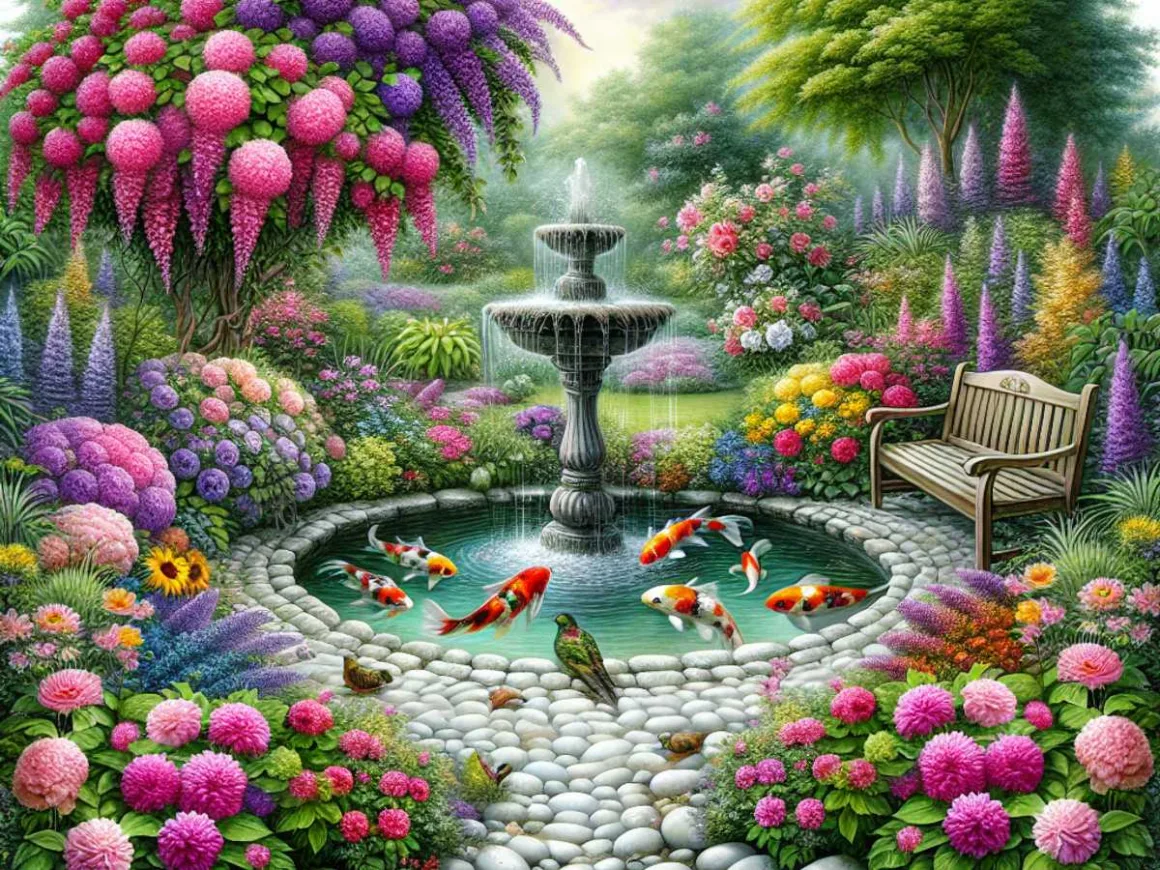 A serene garden with lush greenery, vibrant flowers, and a flowing fountain surrounded by koi fish.