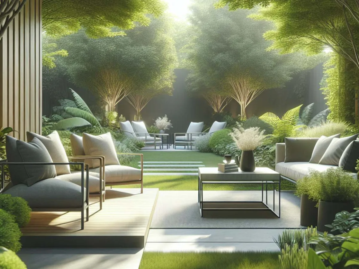 A serene garden oasis with modern furniture, lush greenery, and soft sunlight filtering through the leaves.