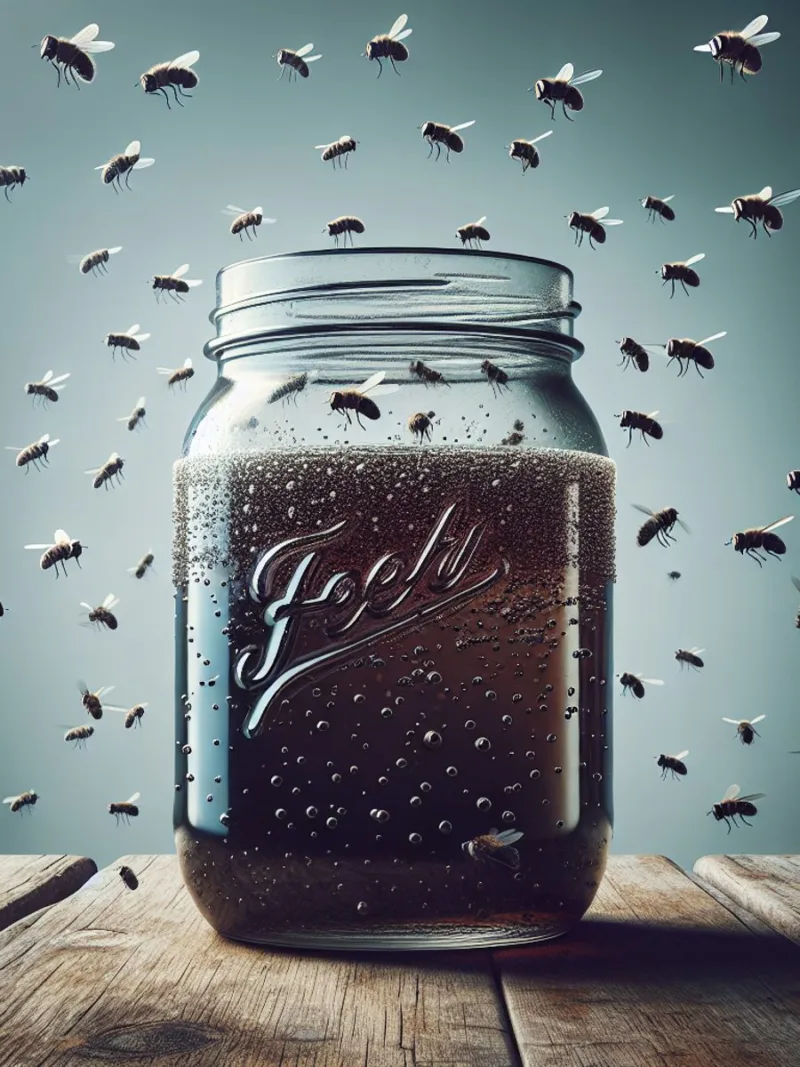An image of a weathered glass mason jar filled with dark, cloudy vinegar, surrounded by small flies.
