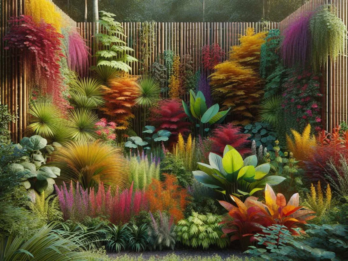 A lush garden with colorful plants and natural privacy screens.