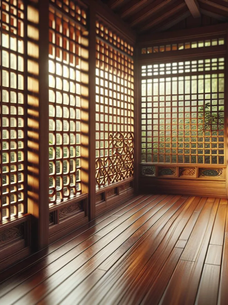 A beautifully stained lattice panel with intricate patterns and rich textures.