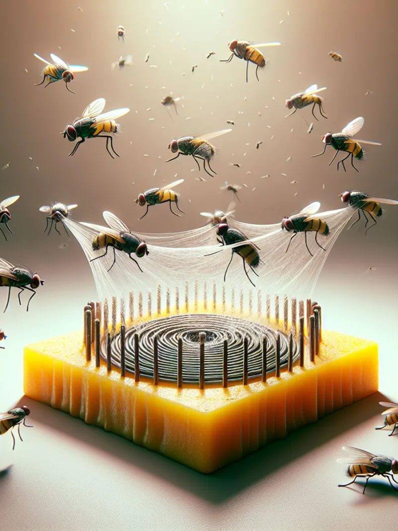 Flies caught in mid-air on a sticky flypaper trap.