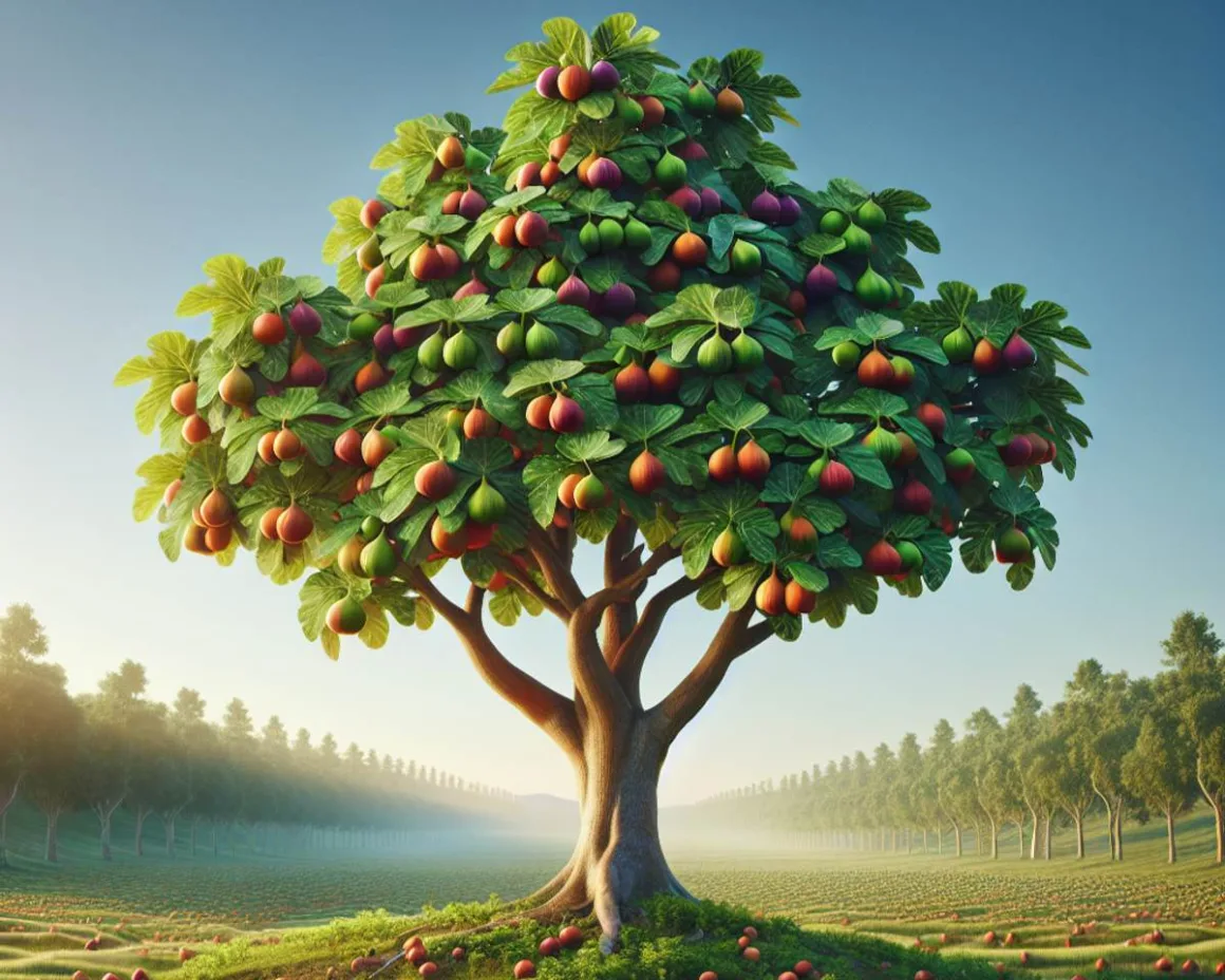 A lush, vibrant fig tree full of ripe fruits set against a clear, blue sky with a thriving panorama of green foliage in the distant background.