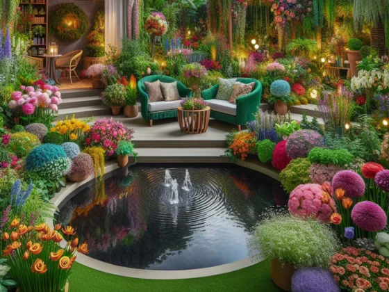 A vibrant garden filled with colorful flowers, a seating area, and a tranquil water feature.