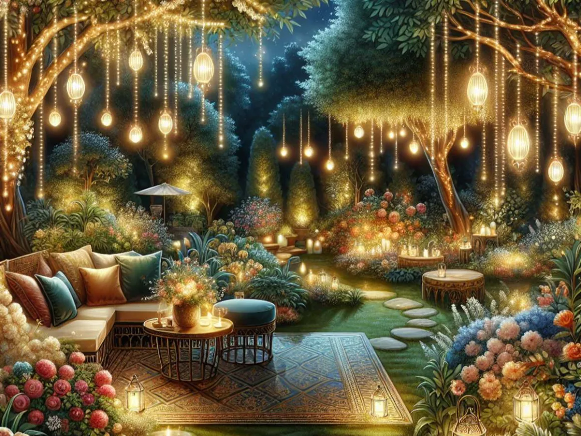 Garden with cozy seating area illuminated by warm lights amidst lush plants and flowers at night.