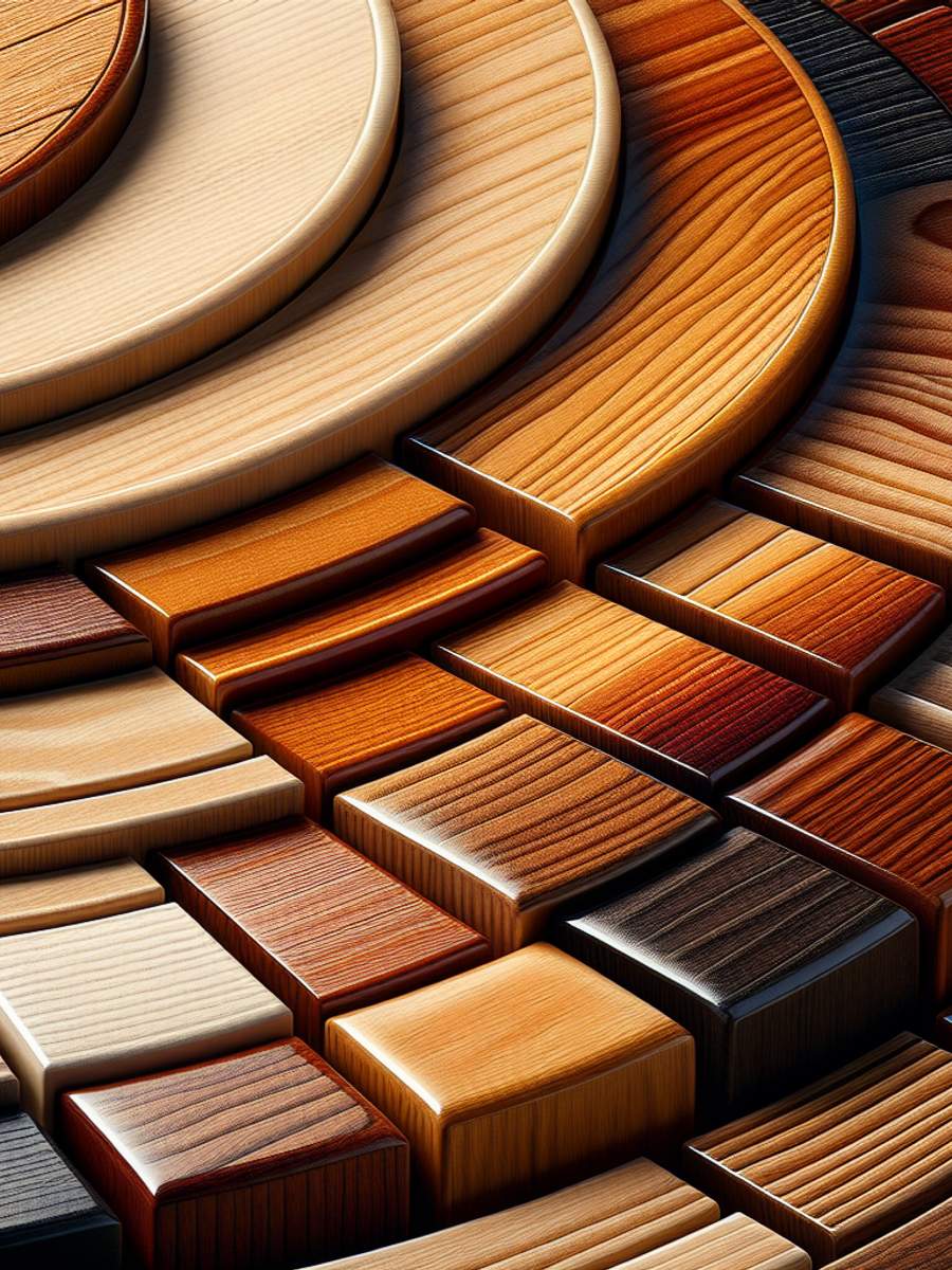 Close-up photo of wooden surface with glossy, semi-gloss, and matte finishes accentuating the unique grain patterns and textures of the wood.