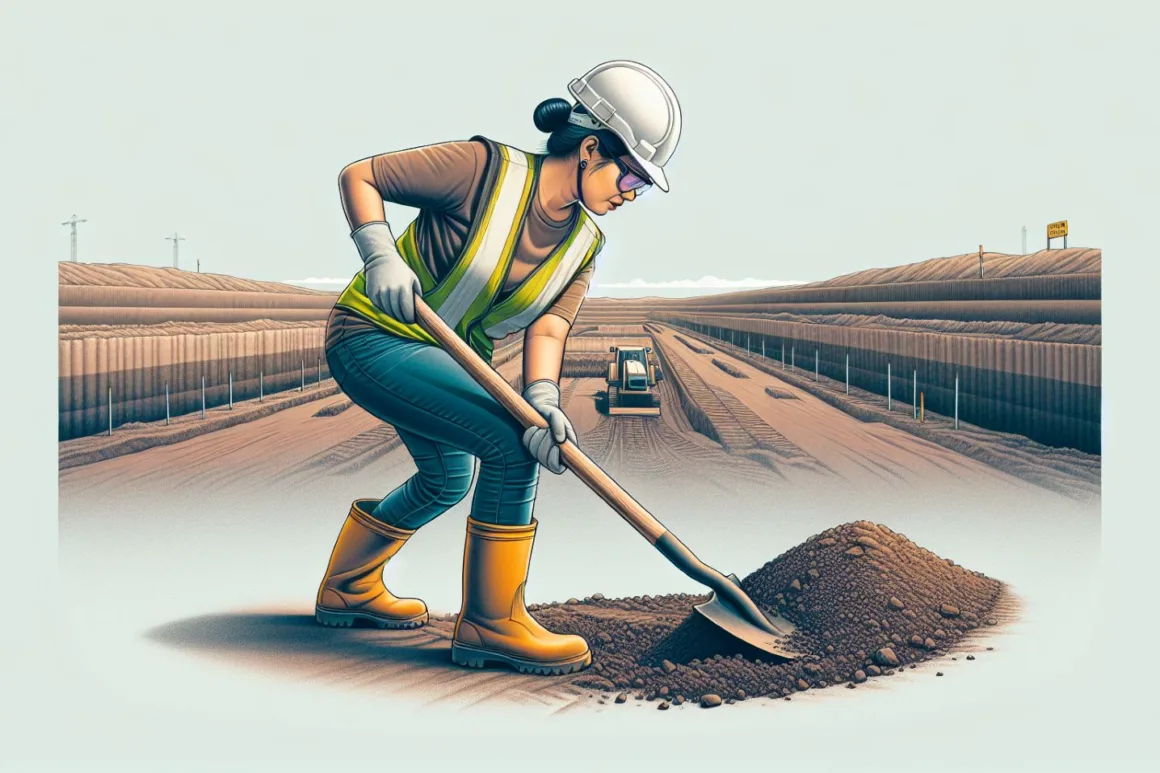 A woman construction worker using a shovel to prepare the ground for construction, wearing safety gear.