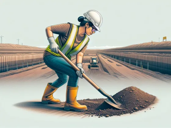 A woman construction worker using a shovel to prepare the ground for construction, wearing safety gear.