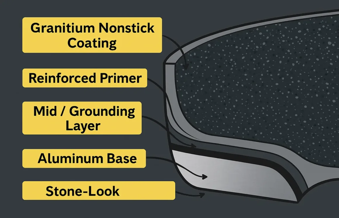 Cross-section showing ceramic-reinforced PTFE layers over an aluminum pan body.