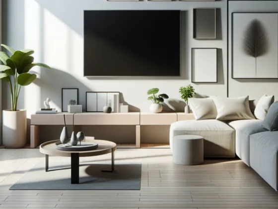 A minimalist living room with a sleek coffee table, a minimalistic sofa set, a solitary indoor plant, a single piece of artwork on the wall, and a sleek flat-screen TV.