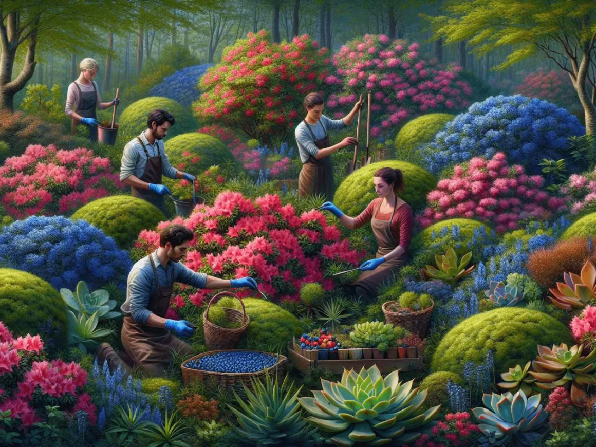 A vibrant garden filled with tricolour azaleas in rich hues, surrounded by dense blueberry shrubs heavy with ripe berries and various hardy succulents. Caucasian and Hispanic gardeners, both male and female, are actively tending to the plants with gardening tools, showcasing a collaborative work ethic and deep engagement in their horticultural tasks. The scene highlights the importance of gardening knowledge in maintaining a flourishing green space.