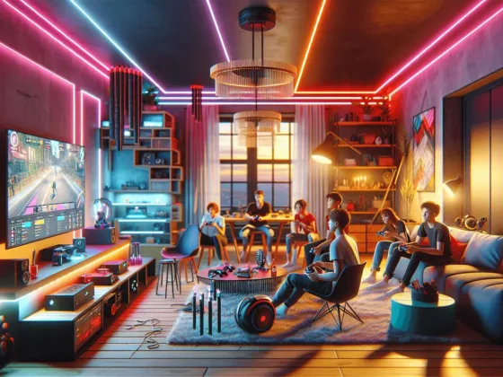 A stylish and affordable gaming room featuring versatile furniture and vibrant neon accents. The warm atmosphere is enhanced by soft lighting, showcasing a large monitor with various gaming accessories. A diverse group of young adults—Caucasian, Hispanic, and Asian—are comfortably seated together, enjoying their time in the inviting space.