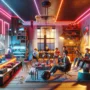 A stylish and affordable gaming room featuring versatile furniture and vibrant neon accents. The warm atmosphere is enhanced by soft lighting, showcasing a large monitor with various gaming accessories. A diverse group of young adults—Caucasian, Hispanic, and Asian—are comfortably seated together, enjoying their time in the inviting space.