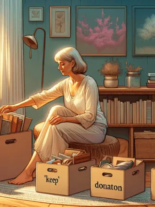 A woman is gently sorting through personal belongings in a tranquil living space. She is surrounded by neatly arranged boxes labeled 'Keep', 'Donate', and 'Discard'. Soft lighting and warm color palettes create a peaceful atmosphere, reflecting the essence of mindfulness and legacy planning as she assesses each item's value and emotional significance.