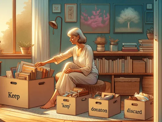 A woman is gently sorting through personal belongings in a tranquil living space. She is surrounded by neatly arranged boxes labeled 'Keep', 'Donate', and 'Discard'. Soft lighting and warm color palettes create a peaceful atmosphere, reflecting the essence of mindfulness and legacy planning as she assesses each item's value and emotional significance.