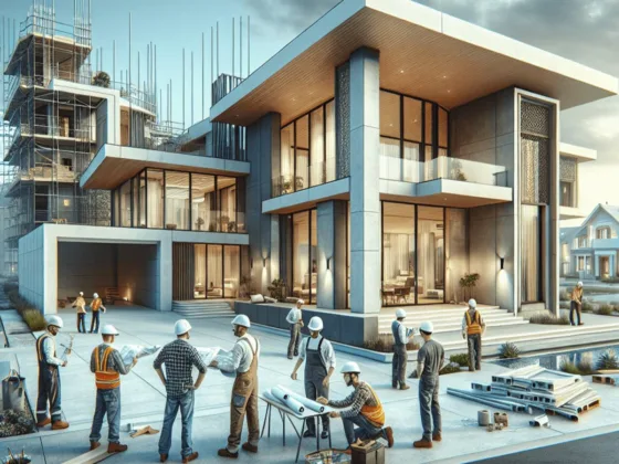 A modern luxury house under construction, featuring sleek architectural lines and advanced building technologies. A diverse team of skilled workers, including Caucasian and Hispanic individuals, collaborate on-site, each showcasing their expertise with tools and materials. The scene captures the dynamic atmosphere of teamwork in a contemporary building project, with scaffolding and construction equipment in the background, emphasizing progress and innovation.
