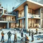 A modern luxury house under construction, featuring sleek architectural lines and advanced building technologies. A diverse team of skilled workers, including Caucasian and Hispanic individuals, collaborate on-site, each showcasing their expertise with tools and materials. The scene captures the dynamic atmosphere of teamwork in a contemporary building project, with scaffolding and construction equipment in the background, emphasizing progress and innovation.