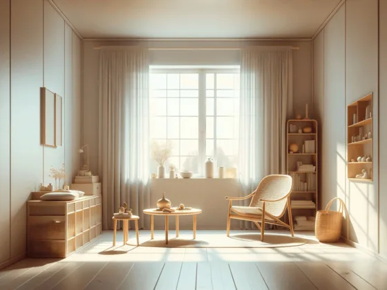 A serene and minimalist living space featuring a snug chair and a small, tidy table with a few cherished items. A large window allows soft, natural light to fill the room, illuminating the calming interior. The view outside is peaceful, complementing the tranquillity of the space, which embodies the principles of Swedish Death Cleaning through its simplicity and orderliness.