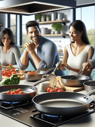 A modern kitchen featuring Granitium-style cookware with colorful nonstick pans.