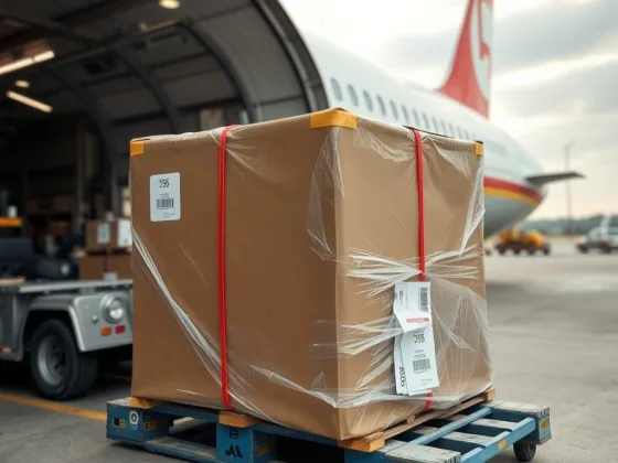 Large cardboard box, wrapped in plastic wrap and strapped to a pallet, ready for air freight, with an airplane in the background.